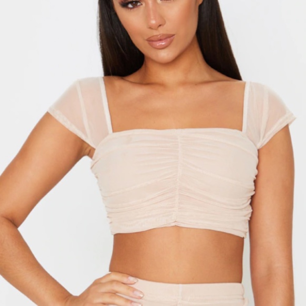Never-worn PLT Nude Mesh Ruched Front Crop Top